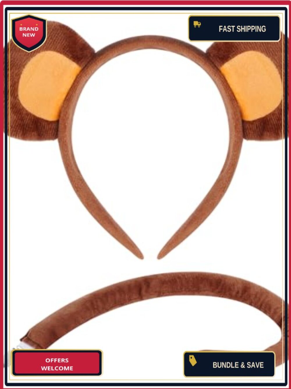 Monkey Costume Accessory Set Plush Ears Headband and Tail for Halloween Cosplay